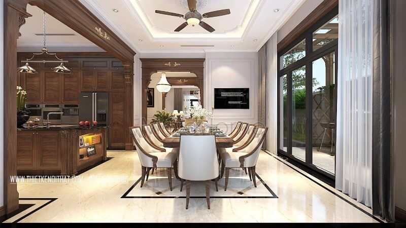 Sản phẩm nội thất cao cấp được thiết kế để trang trí phòng ăn biệt thự tân cổ điển, bao gồm một bộ bàn ghế ăn được làm từ gỗ óc chó và bọc da sang trọng.